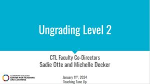 Ungrading Level 2, presented by CTL Faculty Co-Directors Sadie Otte and Michelle Decker on January 11, 2024, at the CTL Teaching Tune-Up